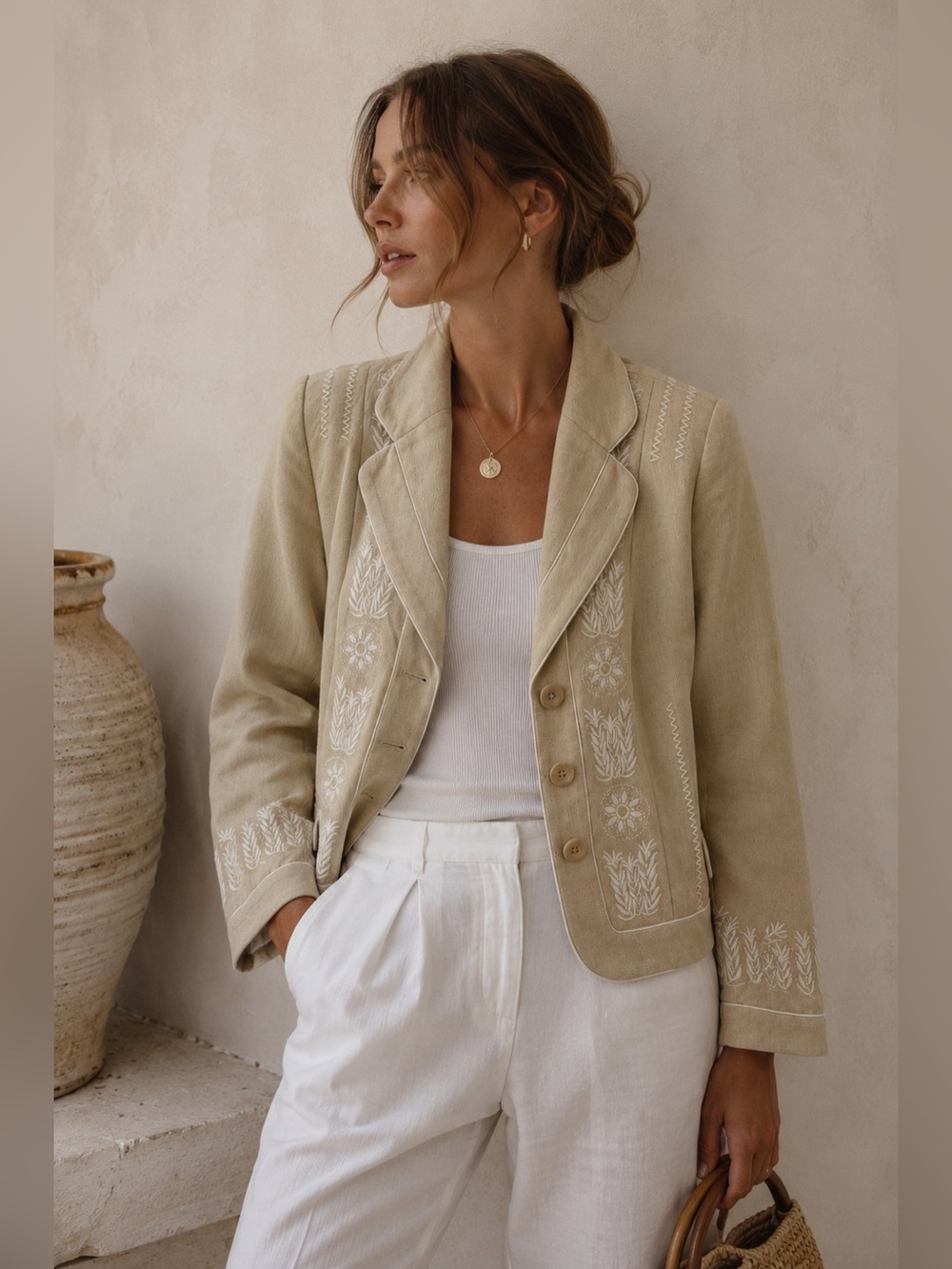Vintage Nygard Collection Linen Blend Embroidered Blazer Jacket | Size 8
